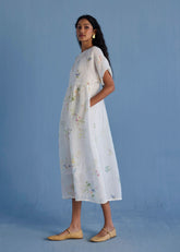 Uniko Pleated Floral Linen Dress - White